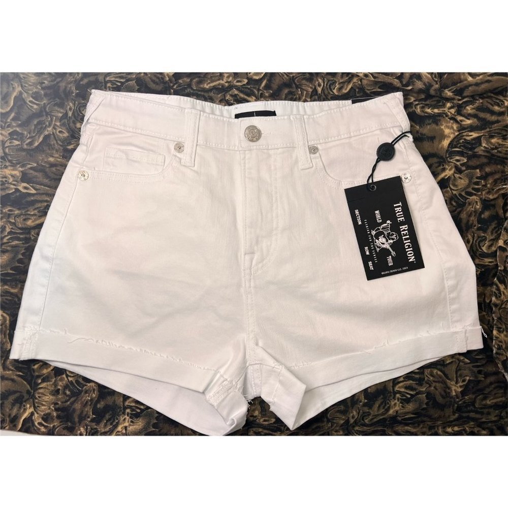 SOLD True Religion Womens White High Rise 5 Pocket Raw Hem Cuff Jean Shorts Sz - Picture 4 of 8